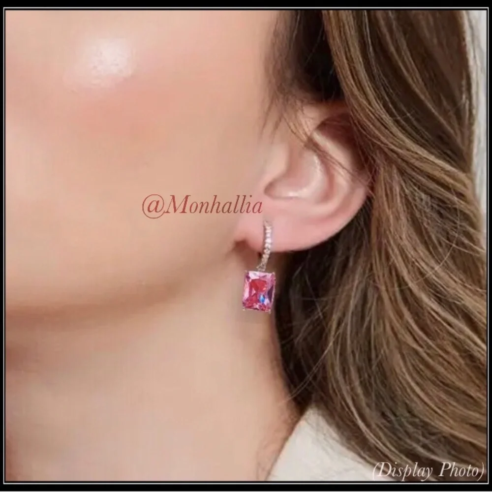 NEW WHITE GOLD BAGUETTE SQUARE PRINCESS PINK SAPPHIRE AMETHYST DIAMOND EARRINGS